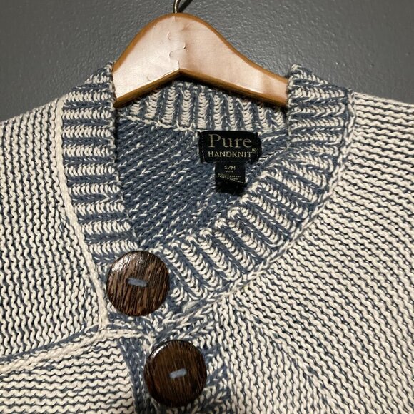 Womens S/M Pure Handknit Blue Asymm Sweater Cardigan Fisherman Hand Made Thick - Picture 2 of 13